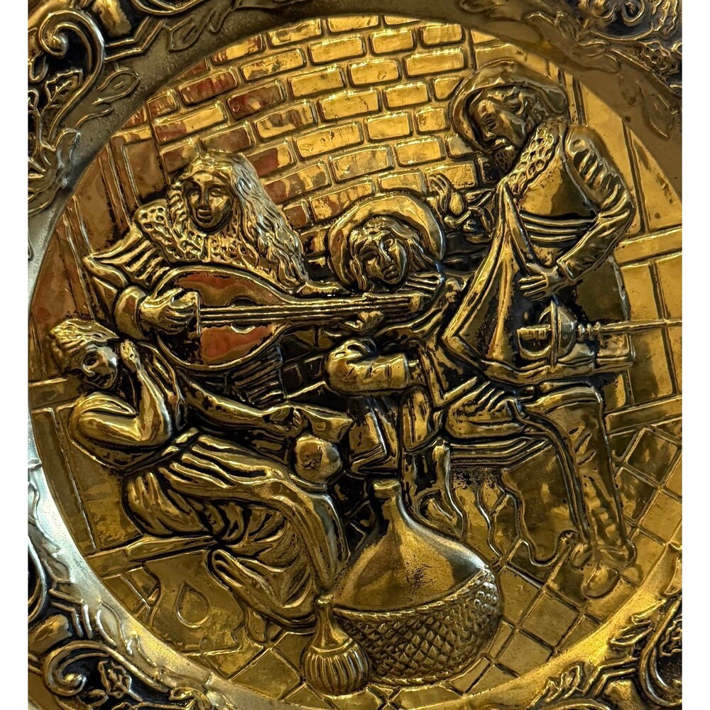 Vintage Large Hammered Brass Musicians Wall Decorative Plate 16.5"